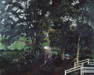 Regenachtige sfeer onder de bomen bij Jolster pastorie door Nikolai Astrup