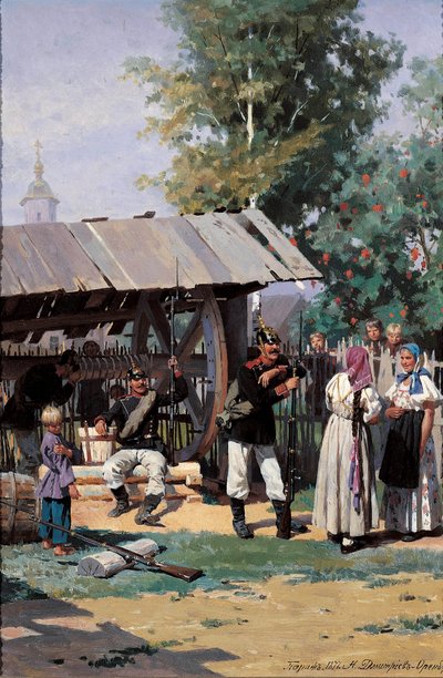 Russische Soldaten in een Dorp, 1877 door Nikolai Dmitrievich Dmitriev Orenburgsky