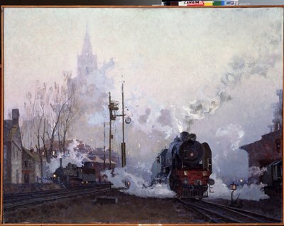Onderweg. De stoomlocomotieven verdrinken het stadslandschap in de rook van hun schoorstenen door Nikolai Dmitrievich Kuznetsov