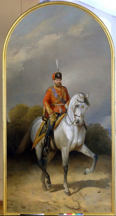 Portret van keizer Alexander III in het uniform van het Leib Garde Huzarenregiment door Nikolai Egorevich Sverchkov