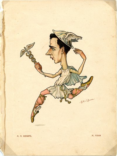 Balletdanser en choreograaf Michel Fokine Uit: Russisch Ballet in Karikaturen, 1902-1905 door Nikolai Gustavovich Legat