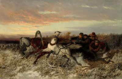 Paardenslee, achtervolgd door wolven door Nikolai Jegorowitsch Swertschkow