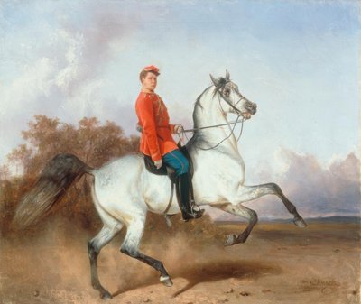 Ruiterportret van een huzaar door Nikolai Jegorowitsch Swertschkow