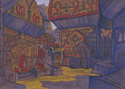 Het hof van prins Vladimir Galitsky. Decorontwerp voor de opera Prins Igor door A. Borodin, 1914 door Nikolai Konstantinowitsch Roerich