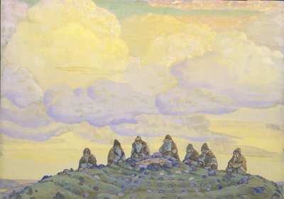 Het Grote Offer. Decorontwerp voor het ballet Het Lentefeest Le Sacre du Printemps door I. Stravinsky door Nikolai Konstantinowitsch Roerich
