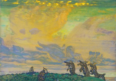 Het grote offer. Decorontwerp voor het ballet Le Sacre du Printemps van I. Stravinsky door Nikolai Konstantinowitsch Roerich