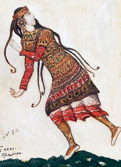 Ultramoderne dame. Kostuumontwerp voor het ballet Le Sacre du Printemps van I. Stravinsky, 1912 door Nikolai Konstantinowitsch Roerich