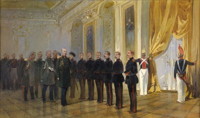 De presentatie van het Siberische Kozakkenregiment aan keizer Nicolaas I...in 1833, 1891 door Nikolai Nikolayevich Karasin