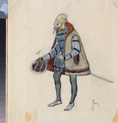Voorbereidend kostuum, de gierige baron, voor het toneelstuk De gierige ridder van A. Poesjkin door Nikolai Pavlovich Ulyanov