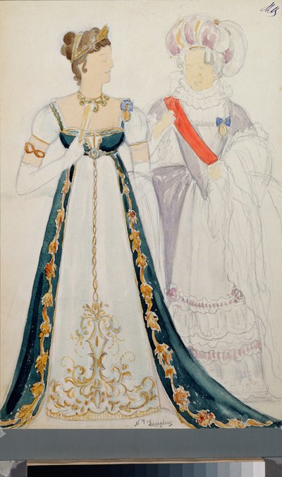 Kostuumontwerpen, twee vrouwen, voor de opera 