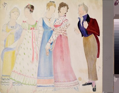 Kostuumontwerpen, een man en vier jonge vrouwen, voor de opera "Eugene Onegin" van Pjotr Tsjaikovski. door Nikolai Pavlovich Ulyanov