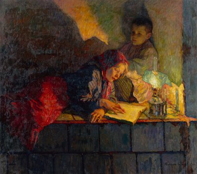 Kinderen Lezend bij Kaarslicht door Nikolai Petrovich Bogdanov Belsky