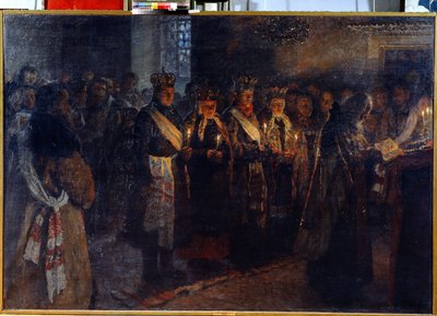 De bruiloft met een orthodoxe priester door Nikolai Petrovich Bogdanov Belsky