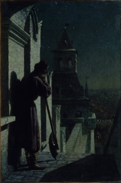 Strelets op de toren van het Kremlin in Moskou bij maanlicht, 1890s door Nikolai Sergeyevich Matveyev