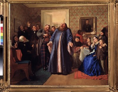 Een protodiaken op het naamdagfeest van de koopman door Nikolai Vasilievich Nevrev