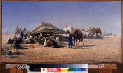 Caïro (Egypte). Kampeerscène van een karavaan in de woestijn, de stad op de achtergrond. door Nikolai Yegorovich Makovsky