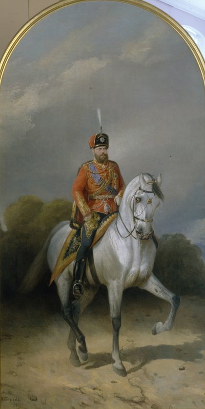 Portret van keizer Alexander III 1845-1894 in het uniform van het Hussar-regiment van de Leib Guard, 1881 door Nikolai Yegorovich Sverchkov