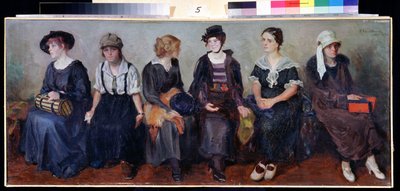 Theatergroep. Portretten van zes jonge vrouwen die naast elkaar zitten, met verschillende uitdrukkingen. (detail) door Nikolaj Alekseevich Kasatkin