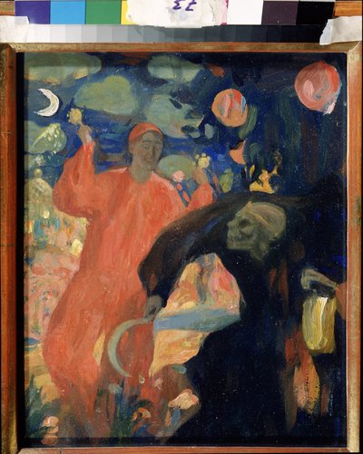 Ter nagedachtenis aan Nikolai Sapunov. De dood personifieerd buigt en vlucht voor een glimlachende figuur van het leven, zwaaiend met maracas. door Nikolaj Nikolaevic Sapunov