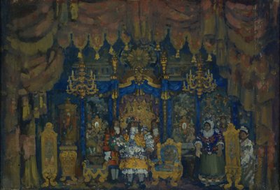 Jourdains Kamer. Decorontwerp voor het toneelstuk Een Burger als Edelman door J.-B. Molière door Nikolaj Nikolaevic Sapunov