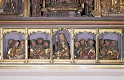 Houten houtsnijwerken van Christus en de twaalf apostelen, van de predella van het retabel van het Isenheim-altaarstuk, ca. 1490 door Nikolaus Hagenauer
