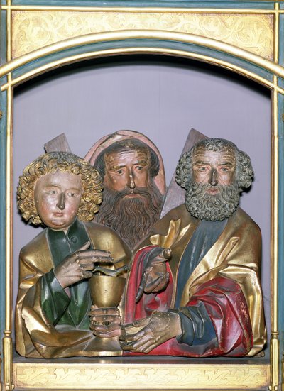 Houten beeldhouwwerken van SS. Johannes, Andreas en Petrus, van de predella van het Isenheim Altaarstuk, c.1490 door Nikolaus Hagenauer