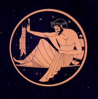 Attische roodfigurige beker, met een banketter met drinkhoorn, 520-510 v.Chr. (klei) door Nikosthenes