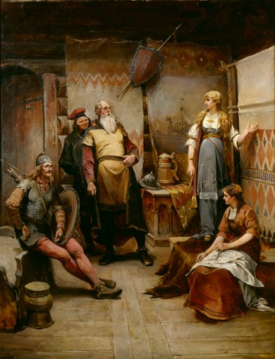 Een hofmakende boodschapper van de Viking Harald Harfagre aan Gyda door Nils Bergslien