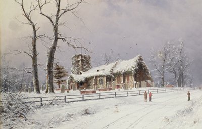 Winterscène met figuren op een pad bij een kerk door Nils Hans Christiansen