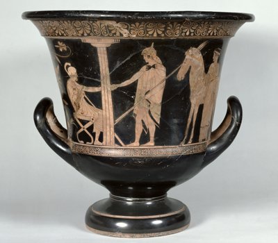 Attische roodfigurige kalyx krater die een hopliet toont die terugkeert van de oorlog (keramiek) door Niobid Painter