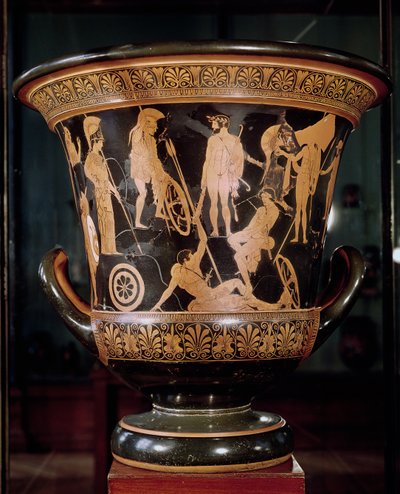 Attische roodfiguren calyx krater met Hercules met een lauwerkrans met Athena en andere Griekse helden door Niobid Painter