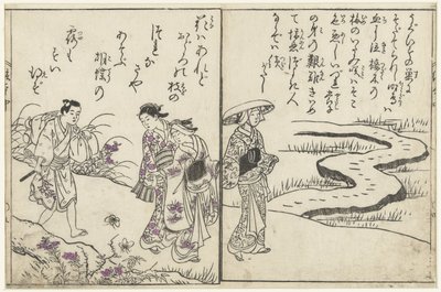 Wandelaars in een landschap met bloemen door Nishikawa Sukenobu (attributed to)