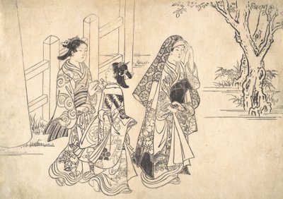 Een courtisane gevolgd door twee meisjesbedienden door Nishikawa Sukenobu