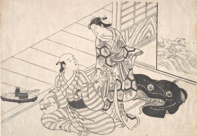 Dame die haar minnaar onderbreekt, die de shamisen speelt door Nishikawa Sukenobu