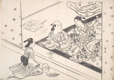 Dame speelt Shamisen, met haar minnaar en bediende in de buurt door Nishikawa Sukenobu