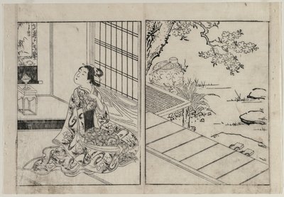 Vrouw die naar een Hangende Rol kijkt, ca. 1740 door Nishikawa Sukenobu