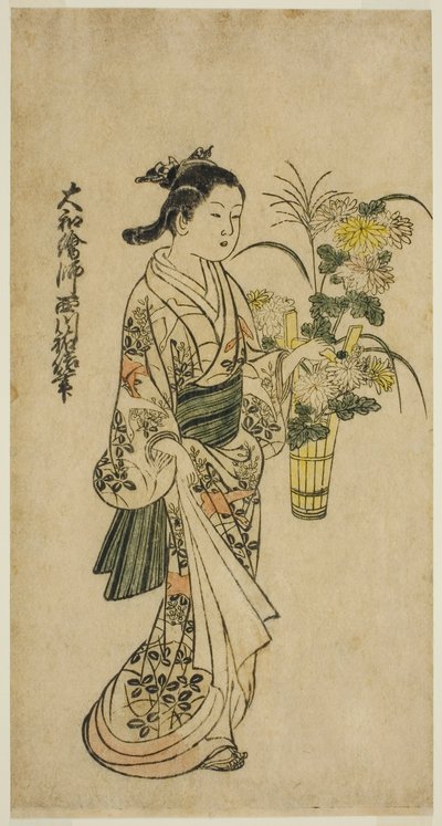 Jong meisje met een bloemstuk door Nishikawa Sukenobu