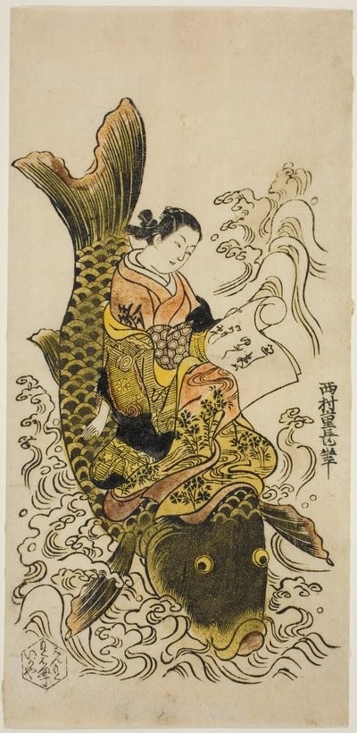 Courtisane die op een karper rijdt (parodie op de Daoïstische onsterfelijke Kinko) door Nishimura Shigenaga