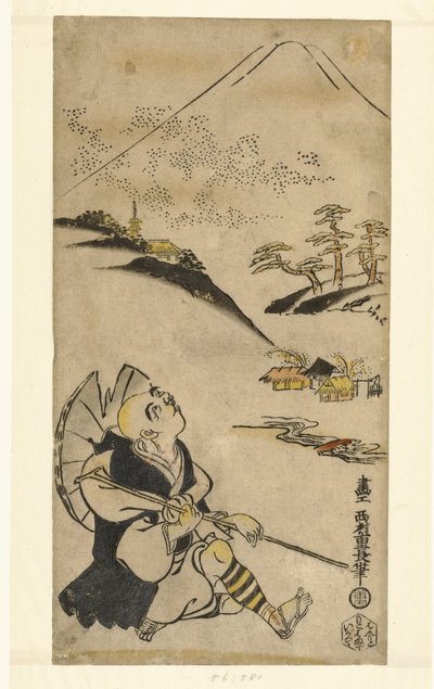 De dichter-priester Saigyo Hoshi opkijkend naar de Fuji berg door Nishimura Shigenaga