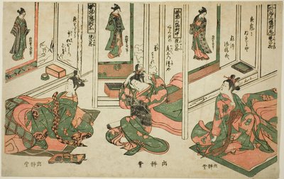 Set van drie hangende rollen, Dagdroomspelen (Kakemono sampukutsui utsusu no asobi) door Nishimura Shigenaga