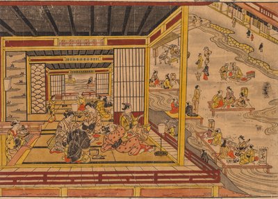 Theehuis naast de Kamo-rivier in Kyoto door Nishimura Shigenaga
