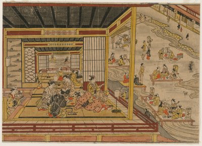 Theehuis naast de Kamo-rivier in Kyoto door Nishimura Shigenaga