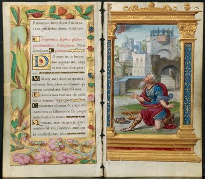 Aangrenzende bladen uit een getijdenboek: boetpsalmen en koning David in gebed (2 van 3 uitgesneden bladen) door Noel Bellemare