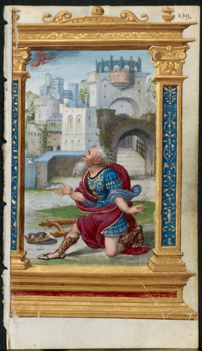 Blad uit een getijdenboek: koning David in gebed (2 van 3 uitgesneden bladen) door Noel Bellemare