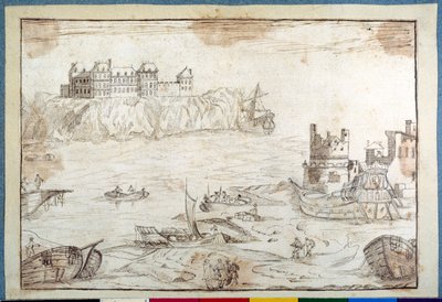 Een kasteel op kliffen, met studies van galeien en vissersboten door Noel Gasselin