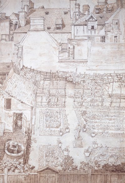 Een tuin van een herenhuis, met perken en wijnpergola, omgeven door gebouwen, ca. 1677 door Noel Gasselin
