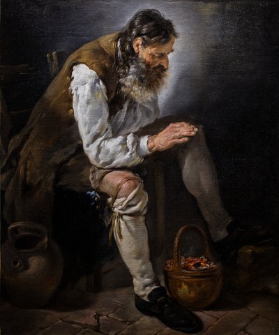 Winter. Oude man warmt zijn handen bij een vuurkorf, ca. 1747 (Olieverf op doek) door Noel Halle