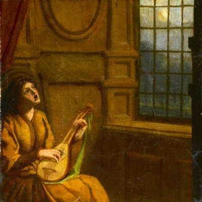 Jong meisje dat luit speelt bij het raam, ca. 1920 door Noel Rooke