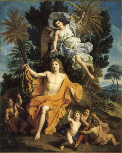 Frans:  Apollon vainqueur du serpent Python Verhaal van Apollo - Apollo gekroond door overwinning na het doden van Python door Noël Coypel