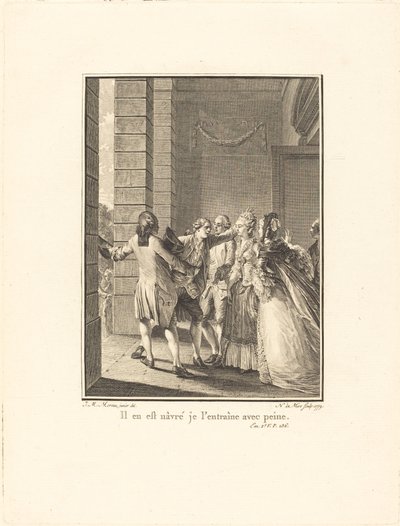 Hij is gekwetst, ik sleep hem met moeite mee door Noël Le Mire after Jean Michel Moreau
